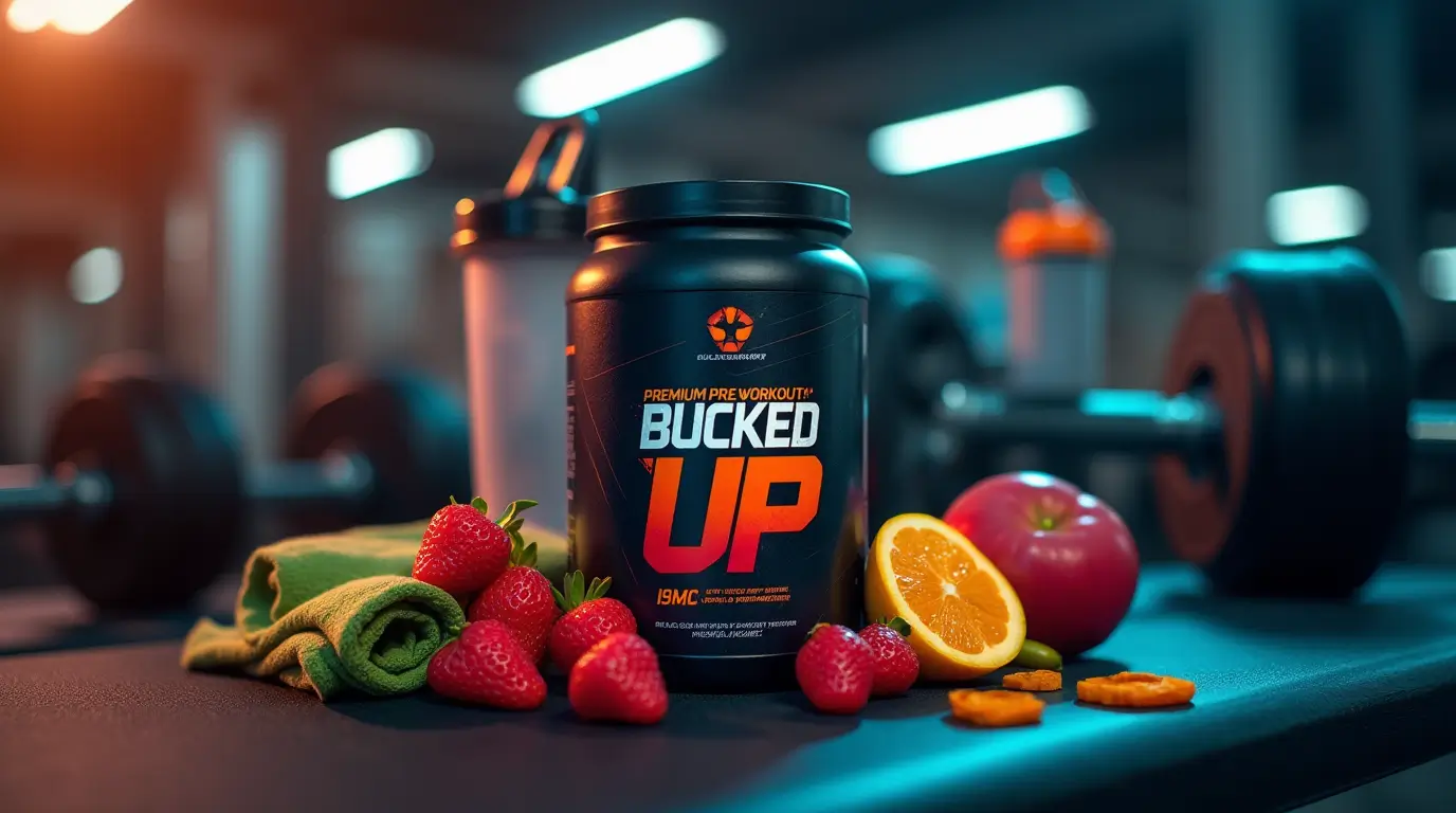 Home 24 Bucked Up Pre Workout supplement container on a gym bench surrounded by fresh strawberries, orange slices, an apple, a towel, and gym equipment in the background."