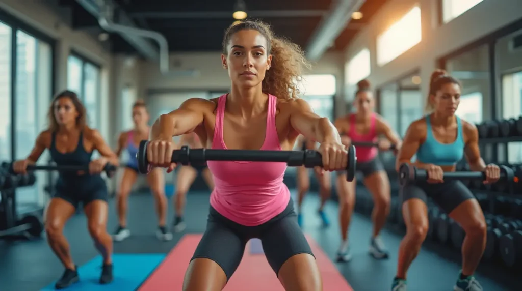 10 Best Full Body Workouts for Maximum Results 12 A group of individuals performing a full body workouts in a modern gym setting, focusing on a woman in the foreground holding a barbell