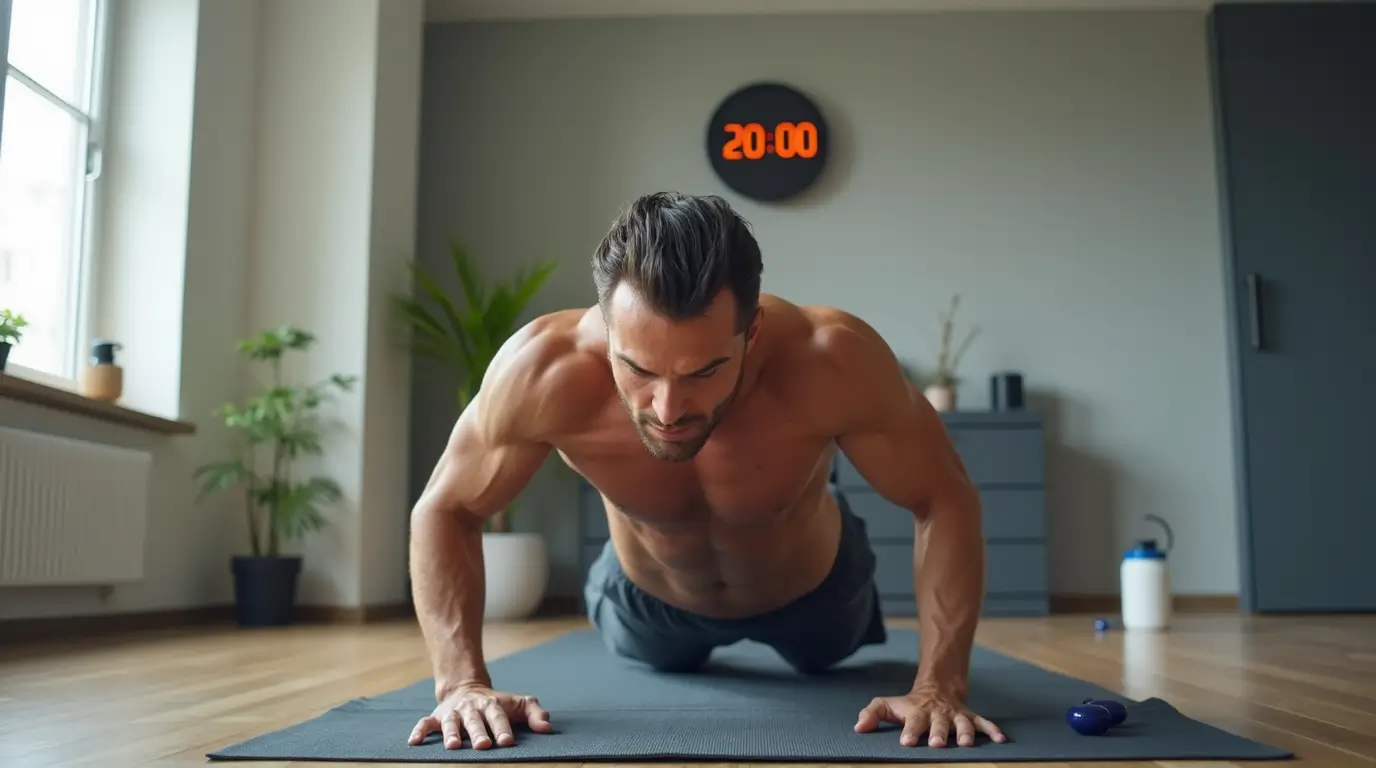 Home 18 A fit, muscular man performing push-ups on a yoga mat in a modern home gym (full body workout), with a digital clock showing "20:00" in the background.