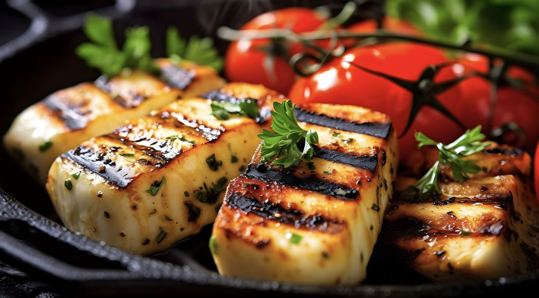 High-Protein Foods That Are Great for Grilling: Top 4 Under-the Radar, 5 Grilled Halloumi on a plate next to fresh vegetables