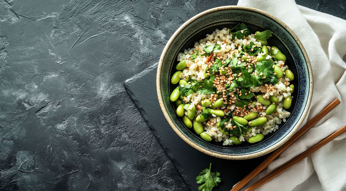 10 Easy Ways to Increase Your Protein Intake With Every Meal and Snack 4 A bowl of rice with edamame