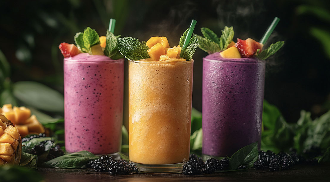 Three different and refreshing healthy and high protein smoothies in a row