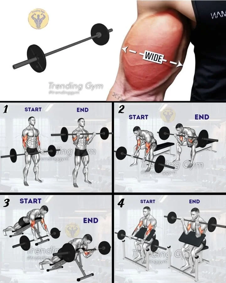 Man performing barbell biceps curls in an arms workout routine.