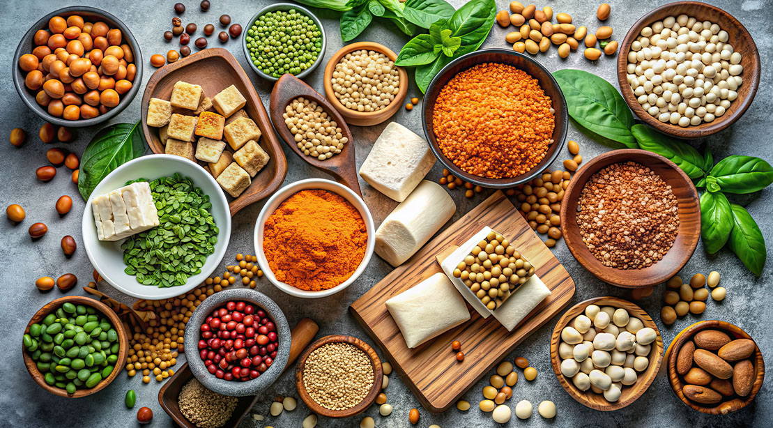 Research Reveals You Can Build Muscle on a Plant-Based Diet 3 A variety of plant based foods that deliver an amount of protein equal to animal based protein