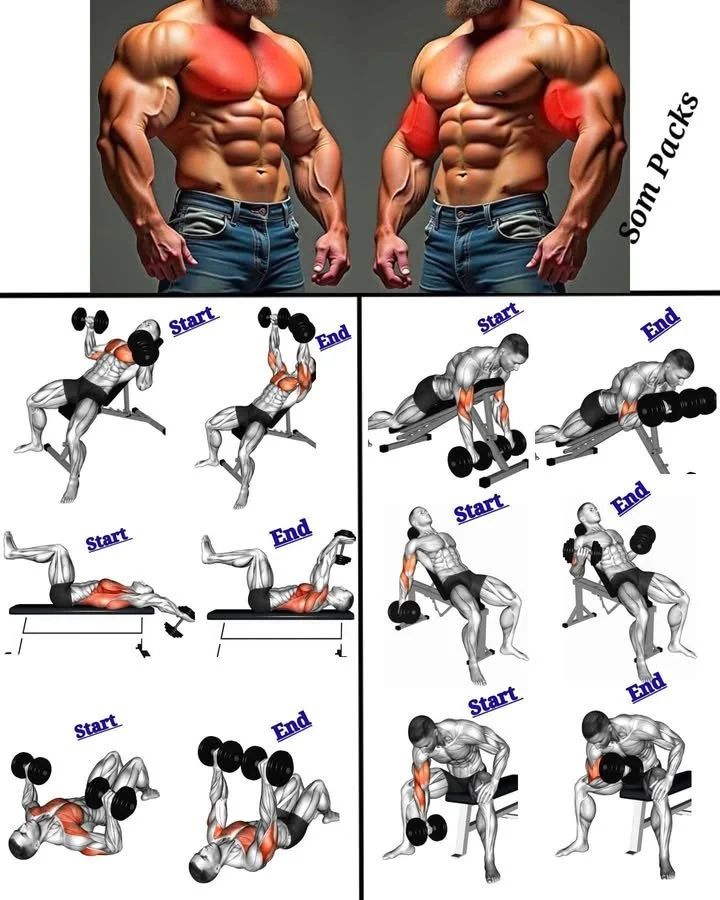 Dumbbell workout focusing on chest and biceps for strength training.