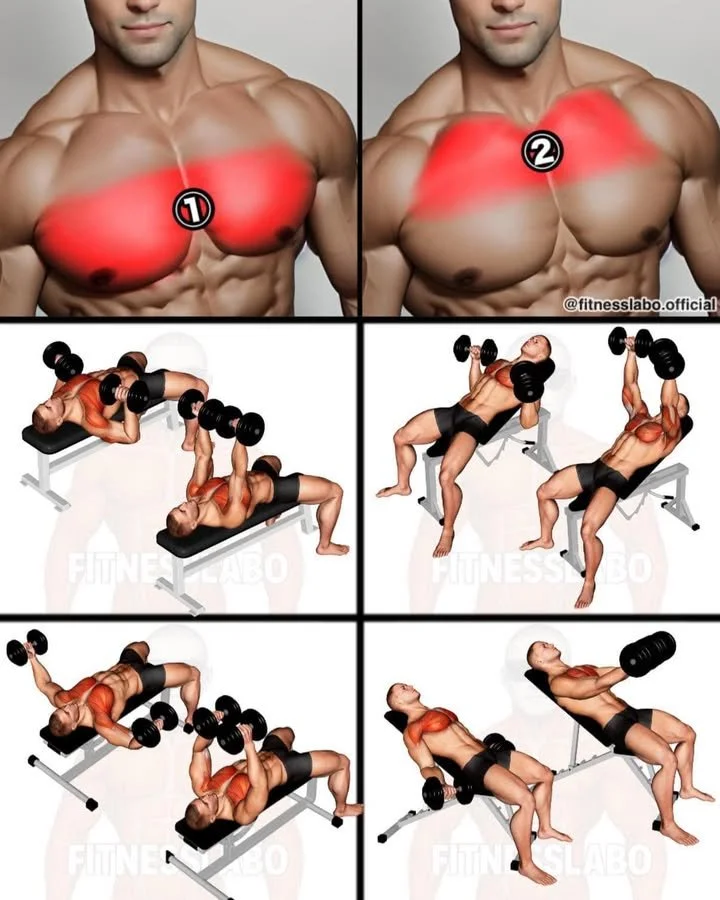 ✅ Dumbbell Chest Workout 1 Twist Dumbbell Press 2 Incline Dumbbell Press 3 Dumbbell Fly 4 Incline Low Fly 3 sets 12-15 reps 2 Dumbbell Chest Workout including Twist Press, Incline Press, and Dumbbell Fly exercises.