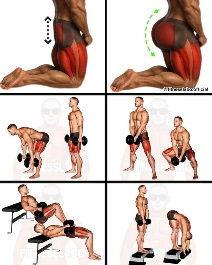 Home 5 Dumbbell glutes workout featuring deadlifts, sumo squats, and hip thrusts