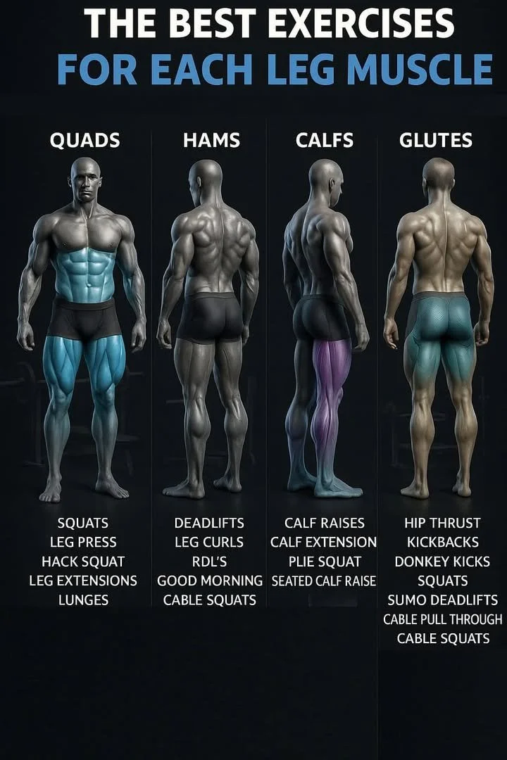 Comprehensive leg day workout focusing on quads, hamstrings, calves, and glutes.