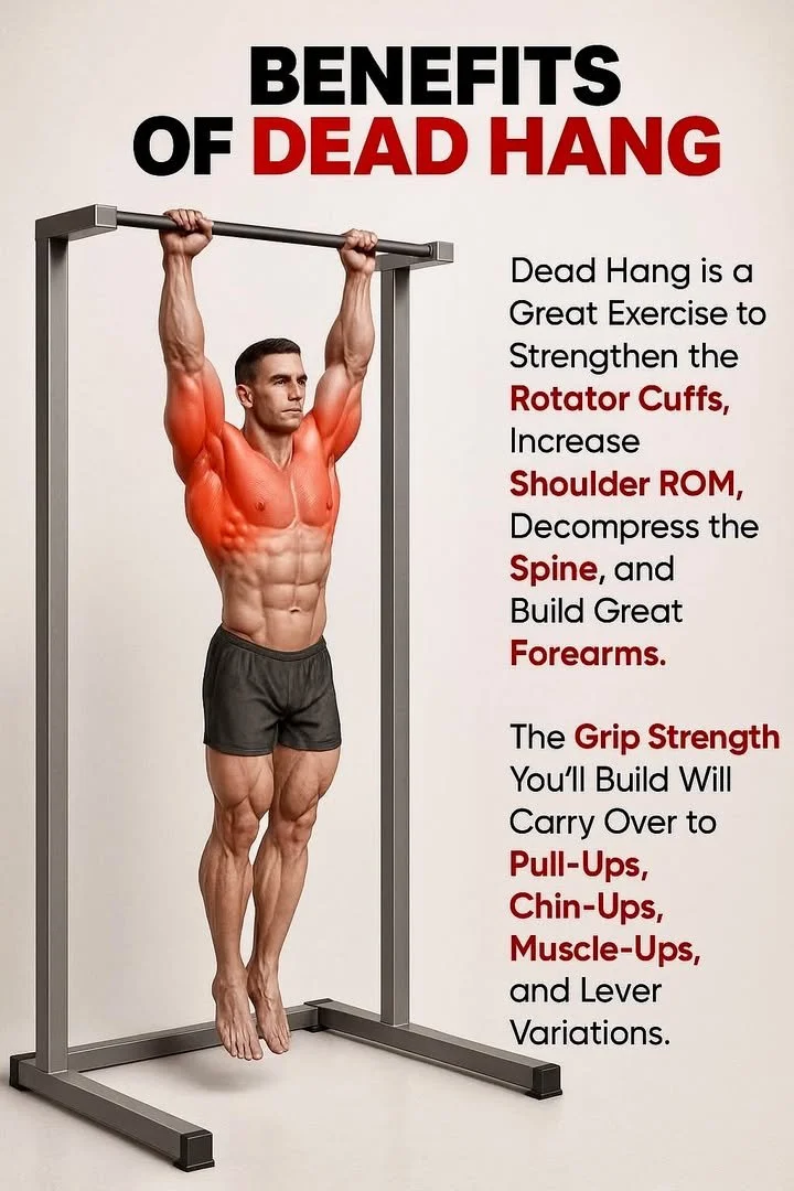 Person performing dead hangs for shoulder strength and posture improvement.