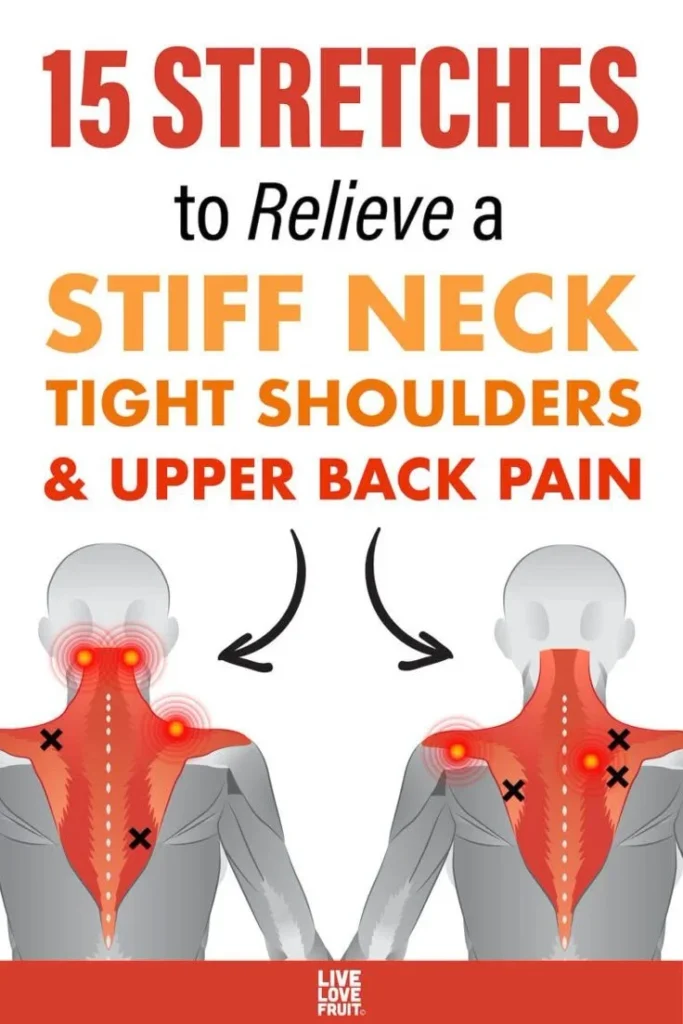 15 Stretches to Relieve a Stiff Neck, Tight Shoulders, and Upper Back Pain 1 Person performing neck and shoulder stretches for muscle relief at home.