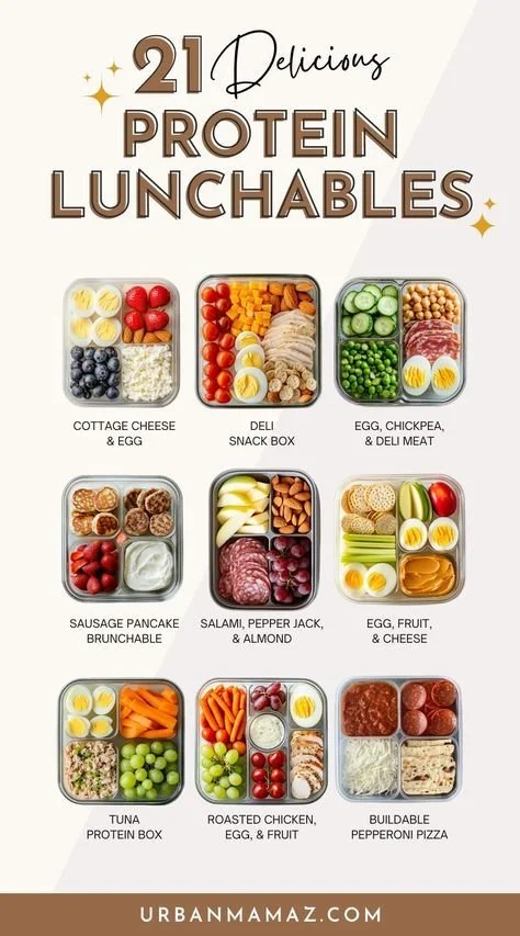 21 Best Protein Lunchables for Adults 11 Assorted protein lunchables for adults featuring cheese, meats, and snacks.