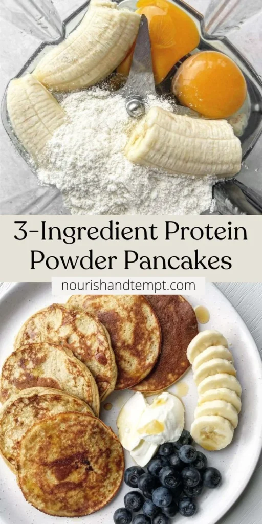Three-ingredient protein powder pancakes on a plate with syrup and berries
