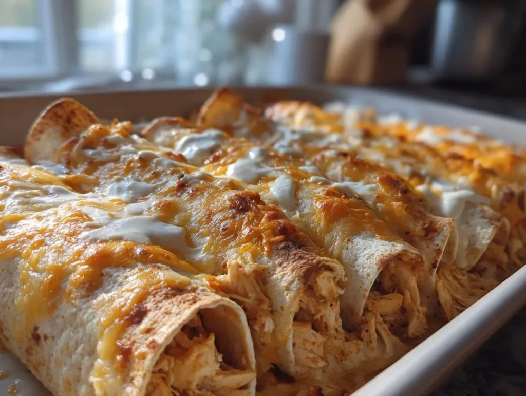 Delicious chicken enchiladas topped with a creamy white sauce, high in protein
