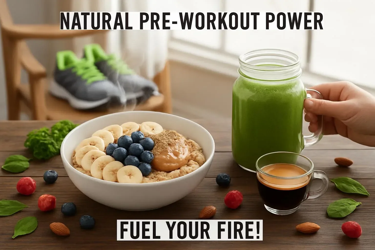 Natural pre-workout foods for energy, including bananas for quick fuel.