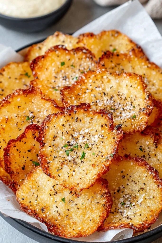 Bowl of crispy homemade cottage cheese chips with seasoning
