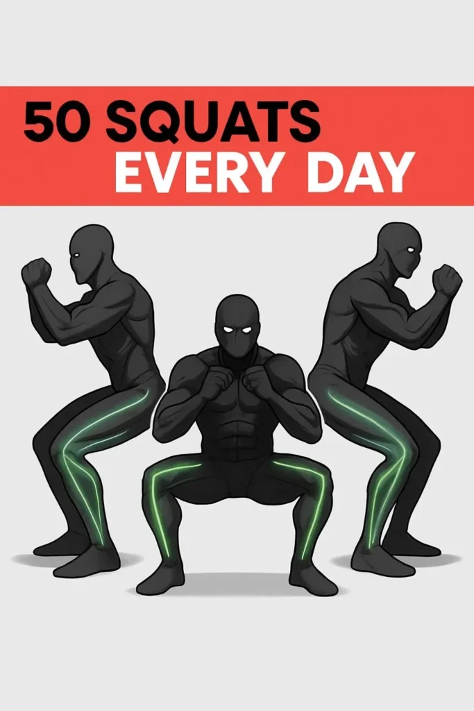 Man doing 50 squats daily for fitness and strength improvement