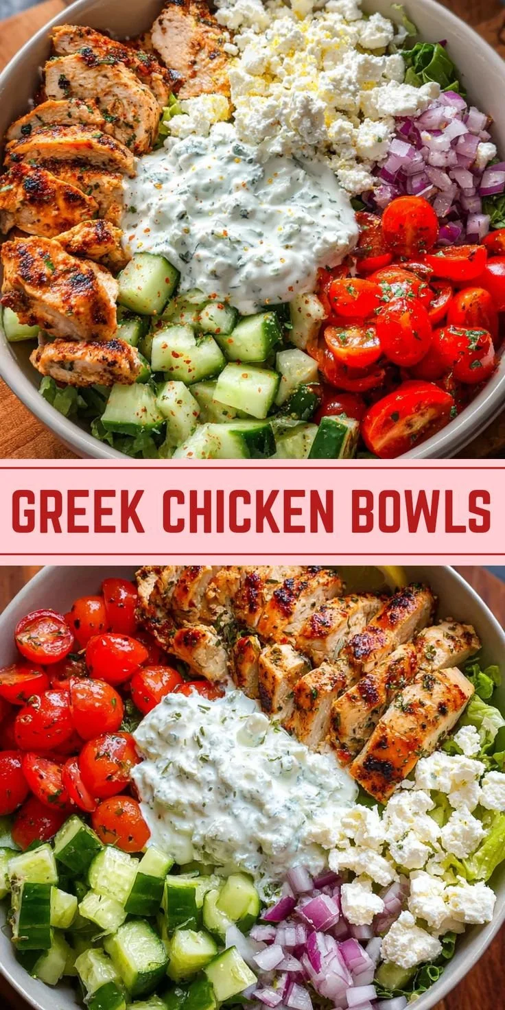 Home 25 Healthy Greek Chicken Bowls recipe with fresh veggies and grilled chicken.