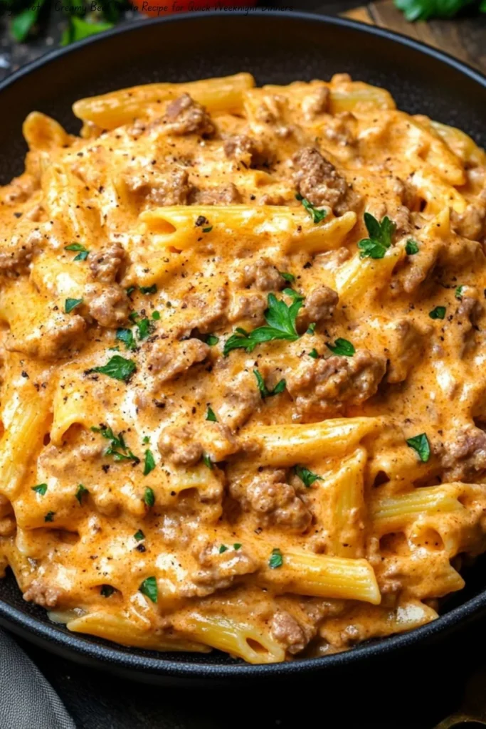 Creamy beef pasta dish on a plate, perfect for quick weeknight dinners