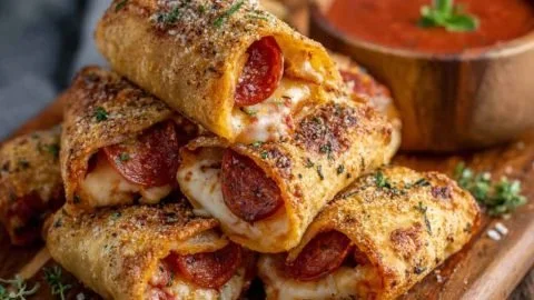 High protein pepperoni pizza rolls, cheesy and crispy, macro-friendly snack.