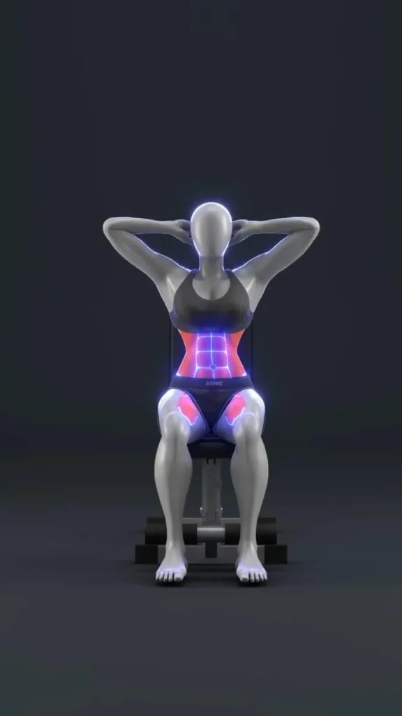 A person demonstrating a seated ab workout routine on a chair.