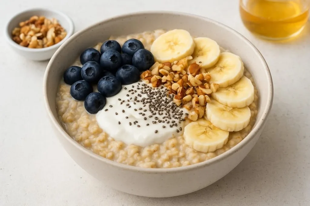 Ovocná miska with oats, yogurt, bananas, and berries for a healthy breakfast.