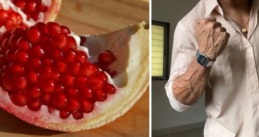 Pomegranate fruit with juice, showcasing benefits for gym performance and better workout pump.