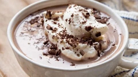 Delicious protein hot chocolate in a mug topped with whipped cream and chocolate shavings.