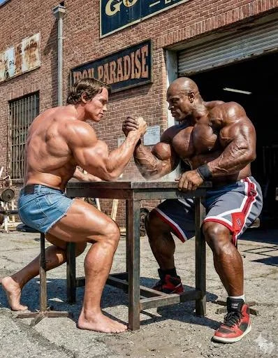Arnold Schwarzenegger and Ronnie Coleman competing in an intense arm wrestling match