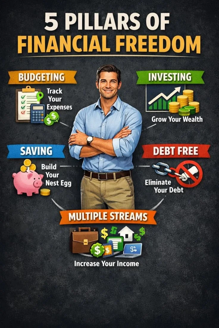 A blueprint showcasing 5 steps to financial independence for wealth and freedom.