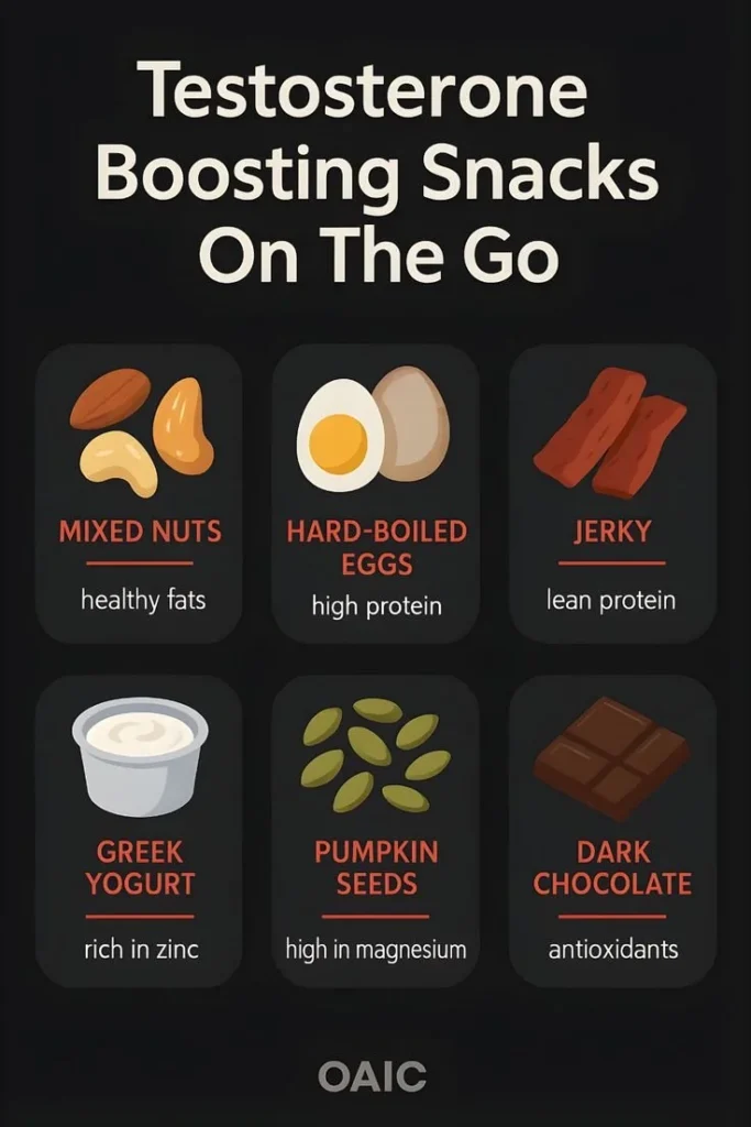 High-T Snacks Every Man Should Carry 2 Variety of high-T snacks for boosting energy and testosterone levels in men.