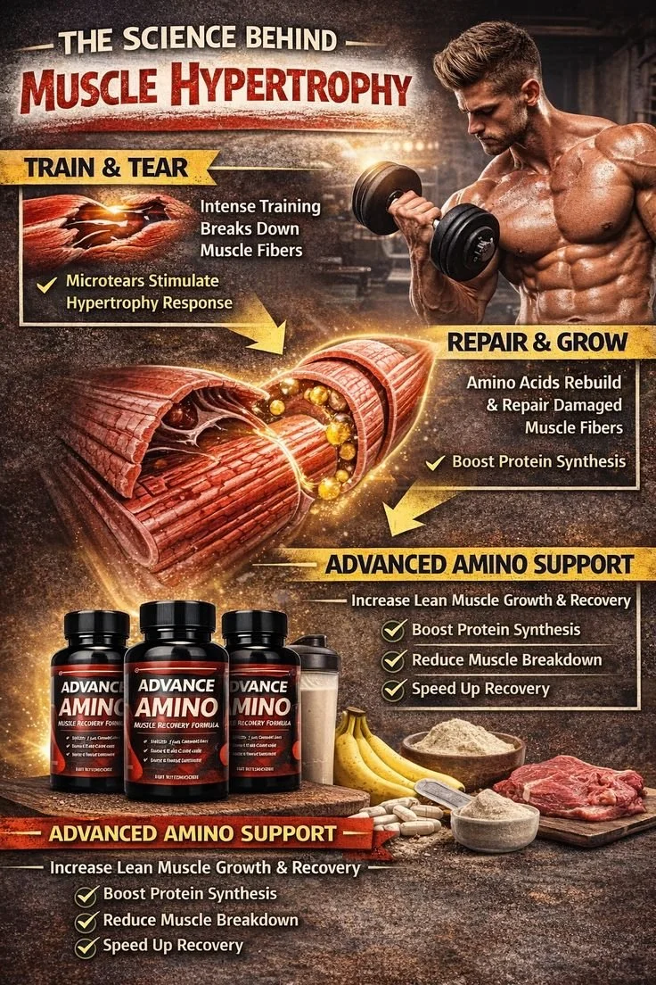 Infographic illustrating the science behind muscle hypertrophy