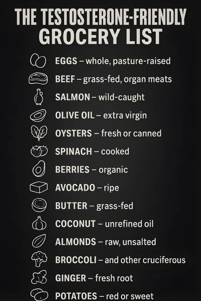 Testosterone-Friendly Grocery List for Men 2 A testosterone-friendly grocery list featuring healthy foods for men.