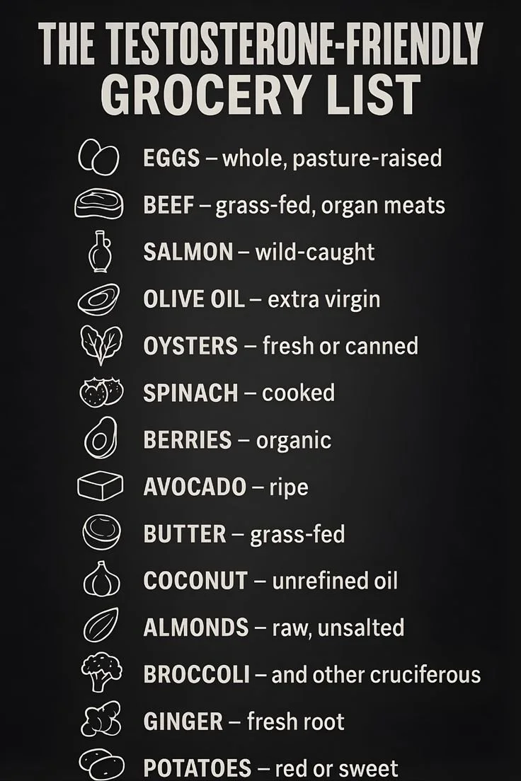 A testosterone-friendly grocery list featuring healthy foods for men.