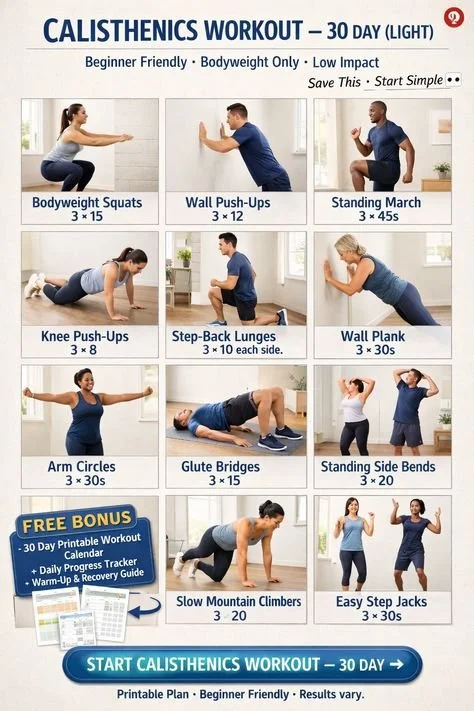 Person doing a calisthenics workout at home with no equipment in 2026.