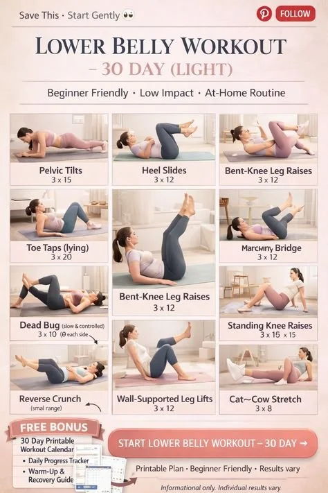 Gentle lower belly workout routine for at-home fitness enthusiasts.