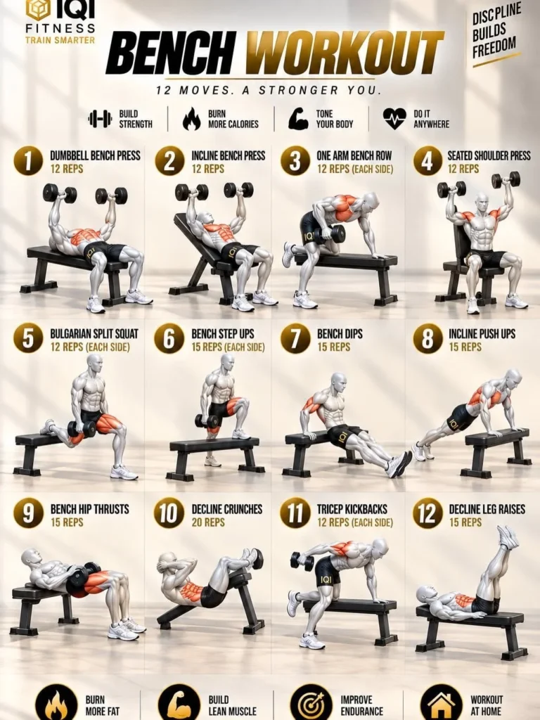 Total-body bench workout utilizing dumbbells for strength training.