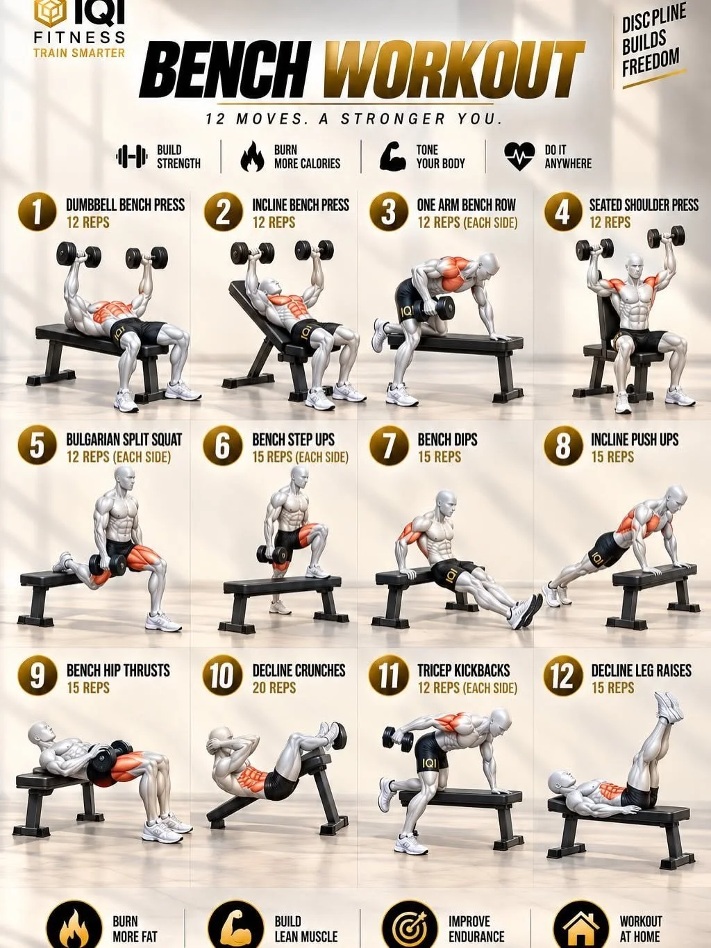 ONE BENCH. ONE WORKOUT. TOTAL-BODY RESULTS. 🔥Turn a simple bench and dumbbells into a complete workout to build stren… | Bench workout exercises, Weight lifting with bench, Workout with weight bench