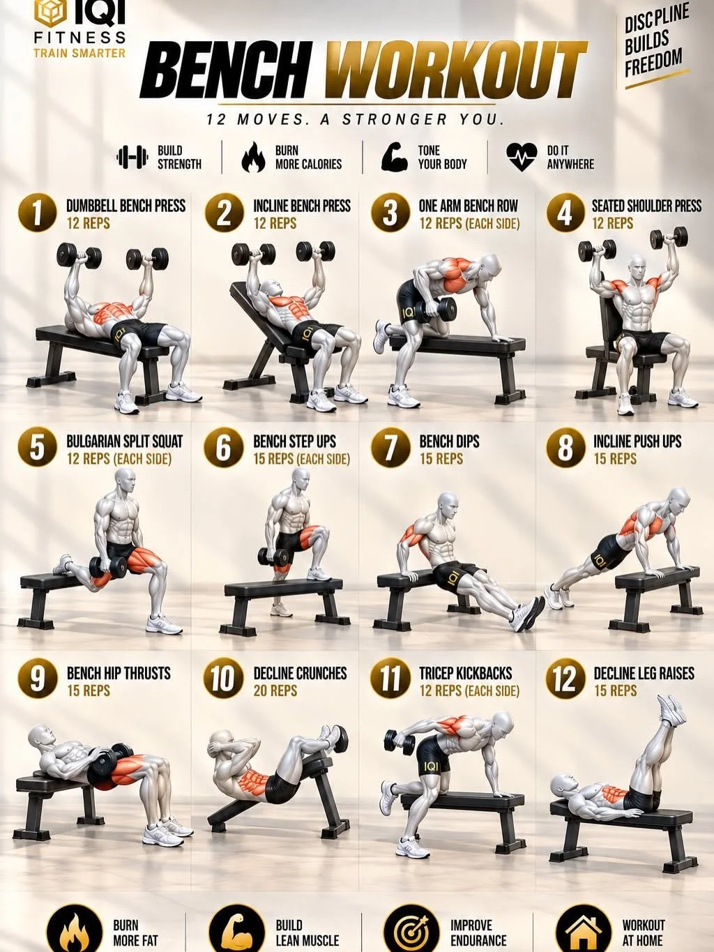 ONE BENCH. ONE WORKOUT. TOTAL-BODY RESULTS. 🔥Turn a simple bench and dumbbells into a complete workout to build stren… | Bench workout exercises, Weight lifting with bench, Workout with weight bench