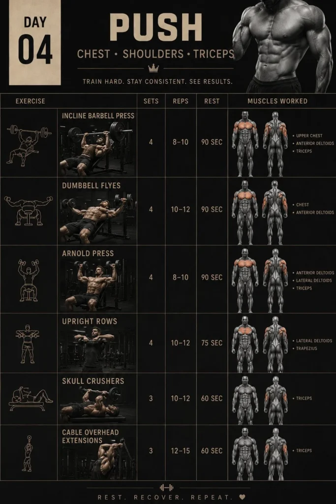 Person performing a push workout in a gym setting, focusing on strength training
